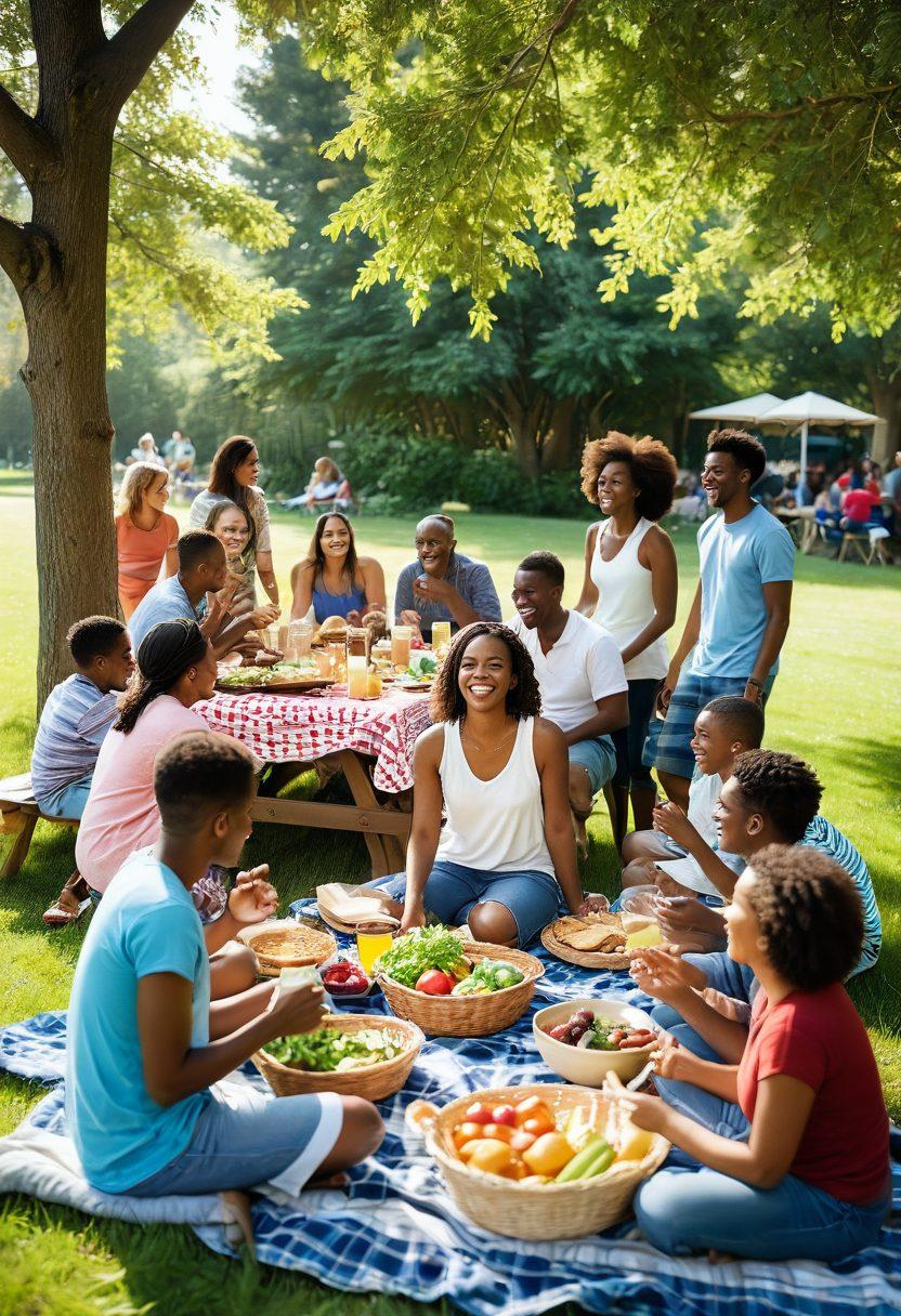 A diverse group of people engaged in a joyful togetherness activity, such as a community picnic, with vibrant smiles and laughter, surrounded by greenery and colorful picnic blankets. Include elements like a shared meal, games, and children playing, symbolizing unity and happiness. The scene should evoke feelings of warmth and community spirit. super-realistic. vibrant colors. natural light.