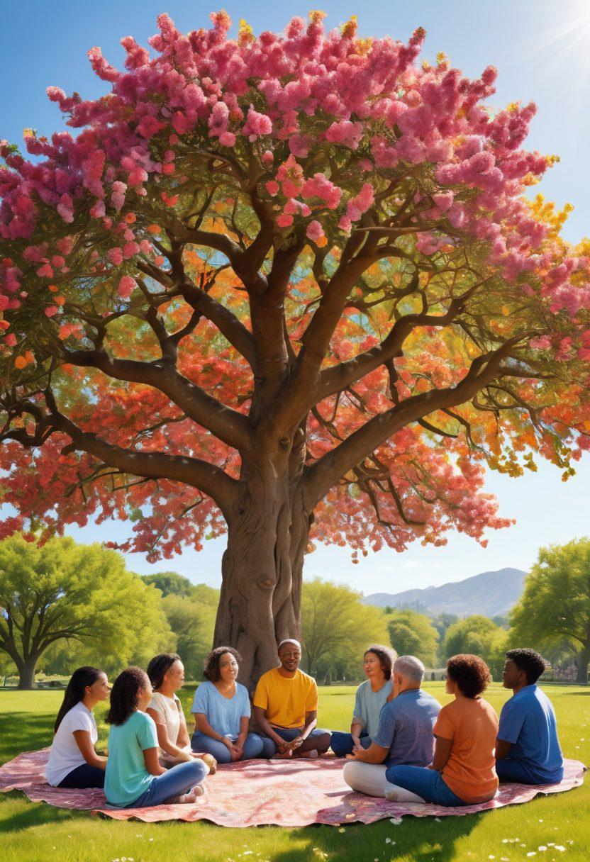 A colorful scene depicting a diverse group of people of varying ages, ethnicities, and abilities, coming together in a peaceful, supportive environment. They are engaged in activities like group discussions, art therapy, and meditation under a large, blooming tree symbolizing growth and unity. The background shows a vibrant landscape with sunshine and flowers. super-realistic. vibrant colors. community atmosphere.