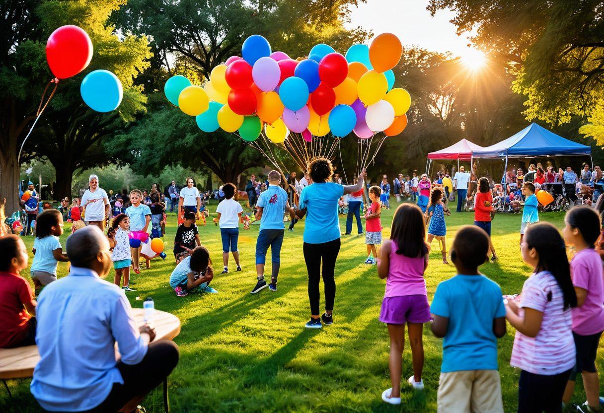 A vibrant community gathering scene, featuring people of diverse backgrounds sharing laughter and joy in a colorful park. Children playing together, adults engaging in discussions, with symbols of happiness like flowers, balloons, and community art visible around. A warm sunset in the background adding a golden glow, promoting a sense of togetherness. super-realistic. vibrant colors. warm tones.